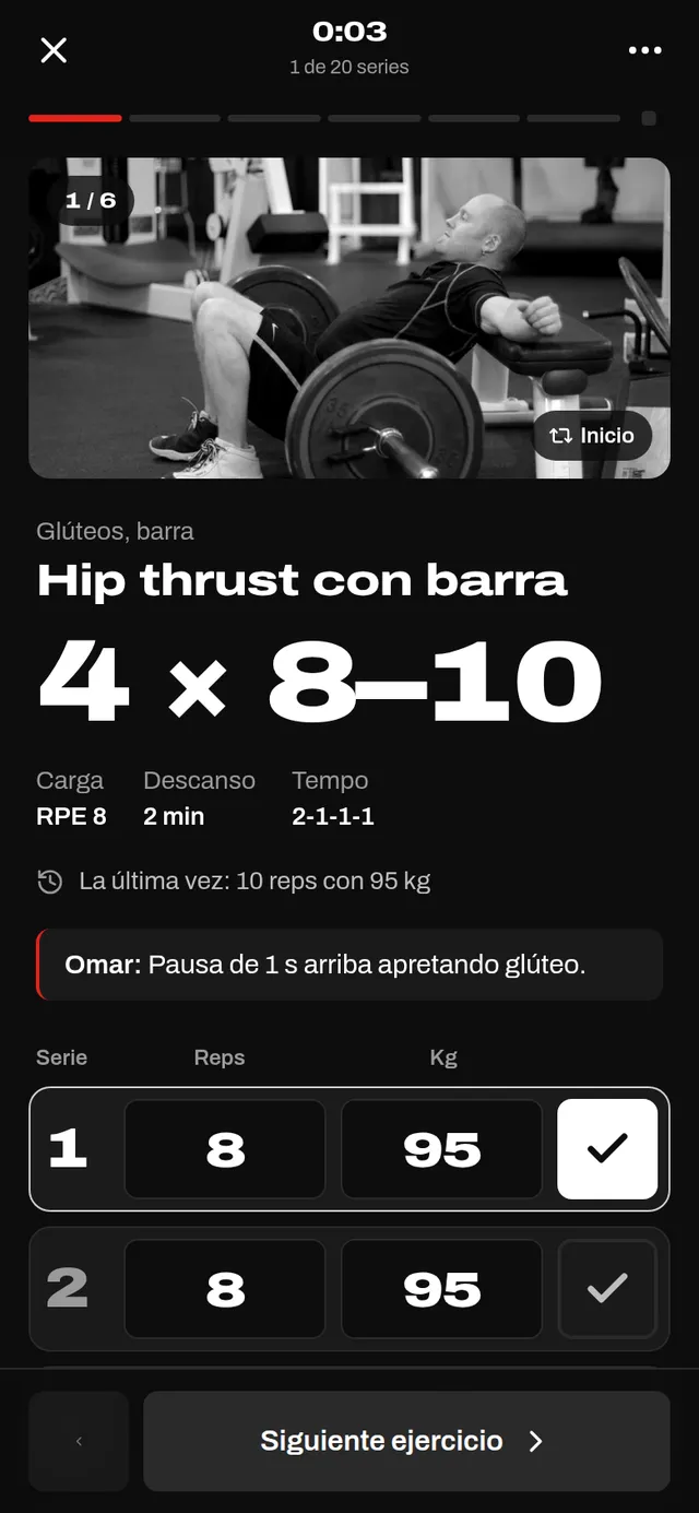 Modo entrenamiento: hip thrust con barra, 4 × 8–10, con las series para marcar reps y kilos