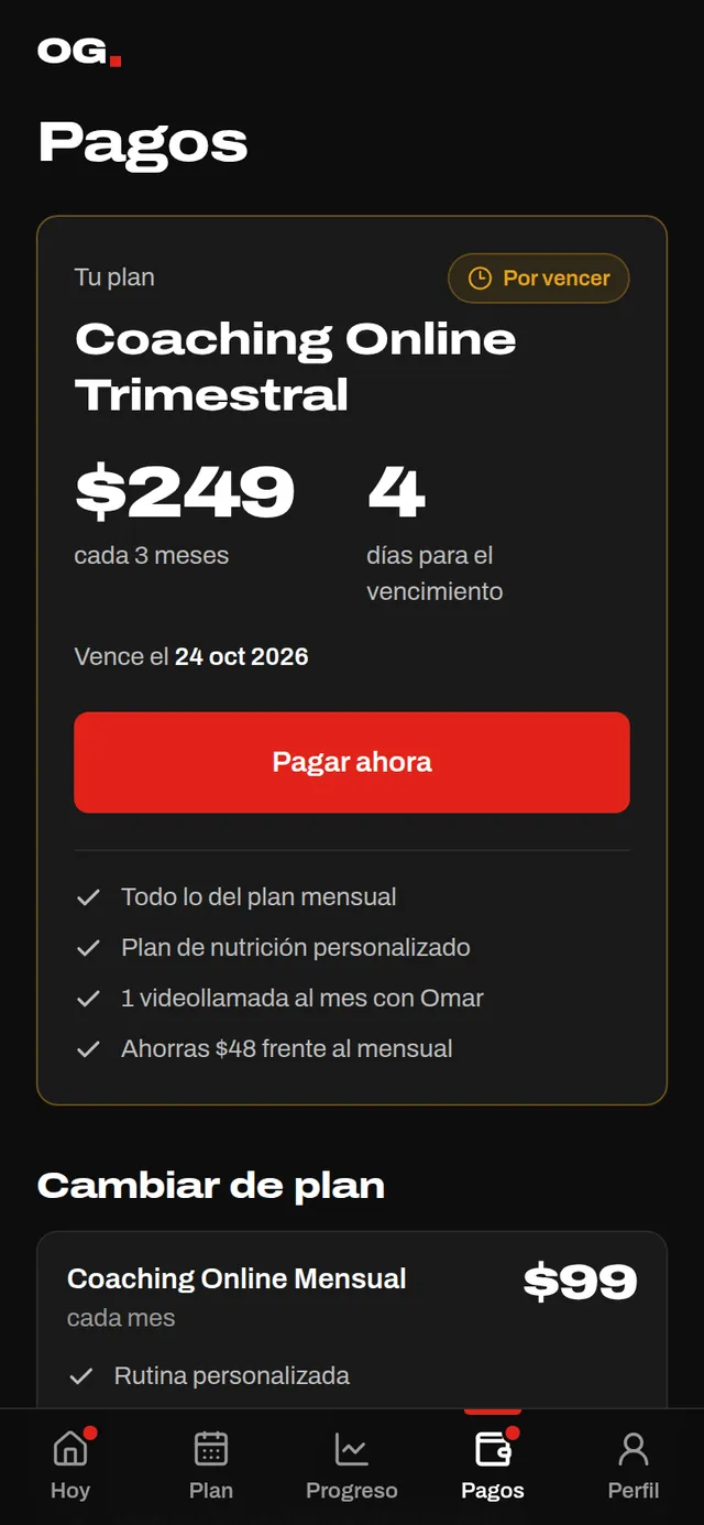 Pantalla de pagos: plan Coaching Online Trimestral de $249 con el botón Pagar ahora